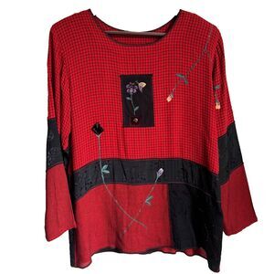 Vtg Alexandria Pierce Patchwork Top Women’s S Red Black Hand Painted Floral Boho